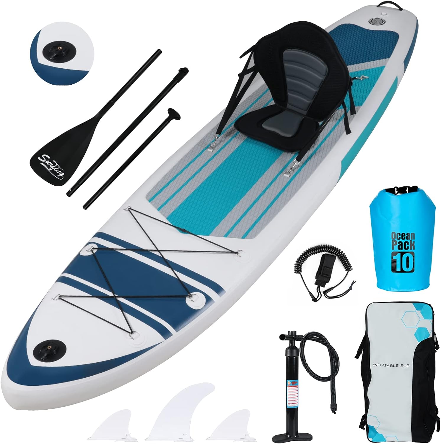 YUSING Inflatable Paddle Board with Seat, 11' x 32'' x 6" SUP, Paddle Boards for Adults, Non-Slip Deck SUP Paddle Board with Premium Kayak and SUP Accessories,3 Removable Fins