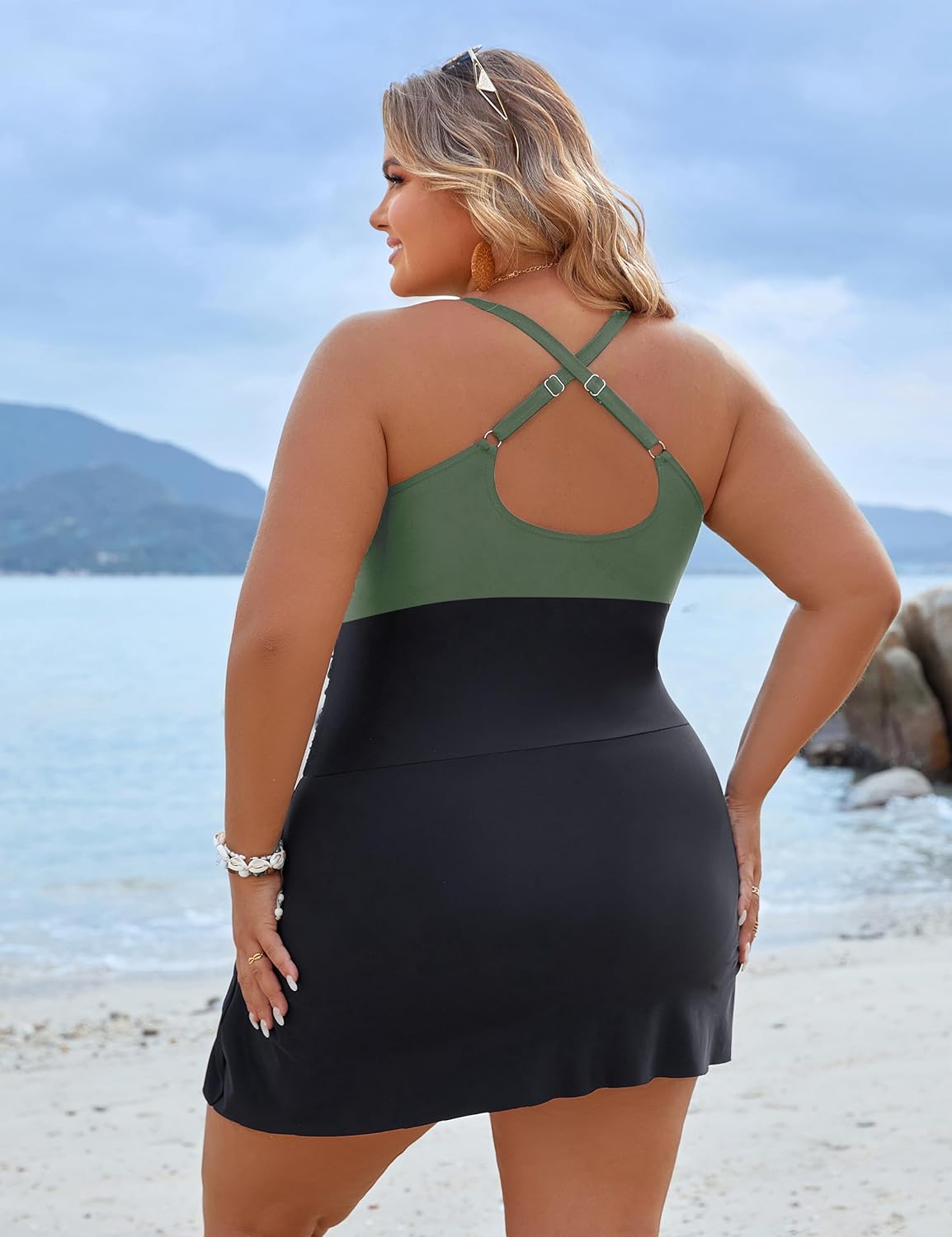 Blooming Jelly Women Plus Size Swim Dress Swimsuit One Piece Tummy Control Bathing Suits Modest Criss Cross Swim Suits