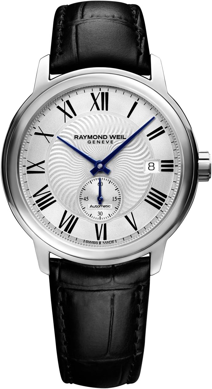 Raymond Weil Maestro Men's Automatic Watch, Stainless Steel, Silver Dial Roman Numerals, Black Leather Strap 39.5 mm (Model: 2238-STC-00659)