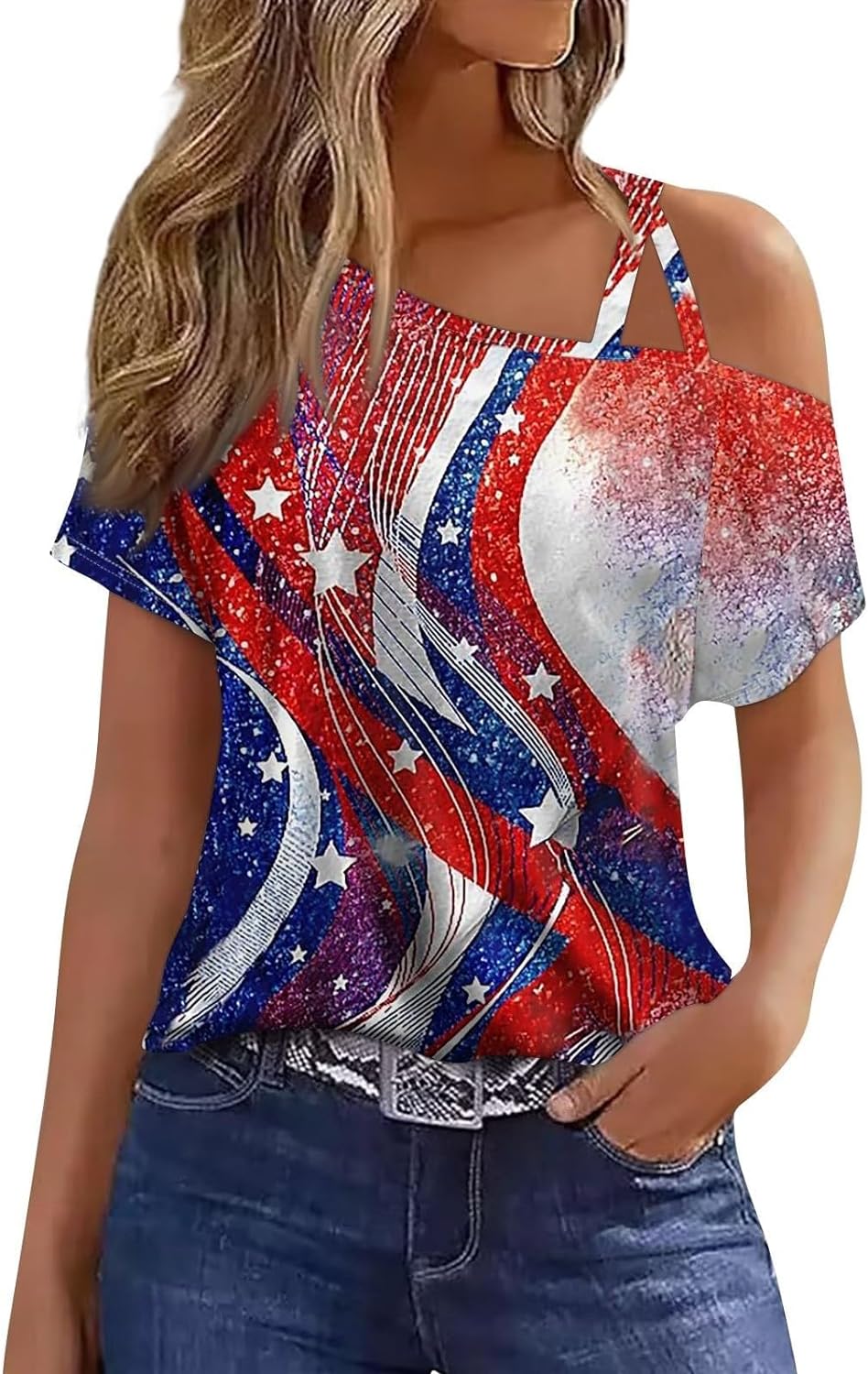 4th of July Shirts Women Off The Shoulder Tops Short Sleeve American Flag Shirts Graphic Tees Patriotic Trendy Tshirts