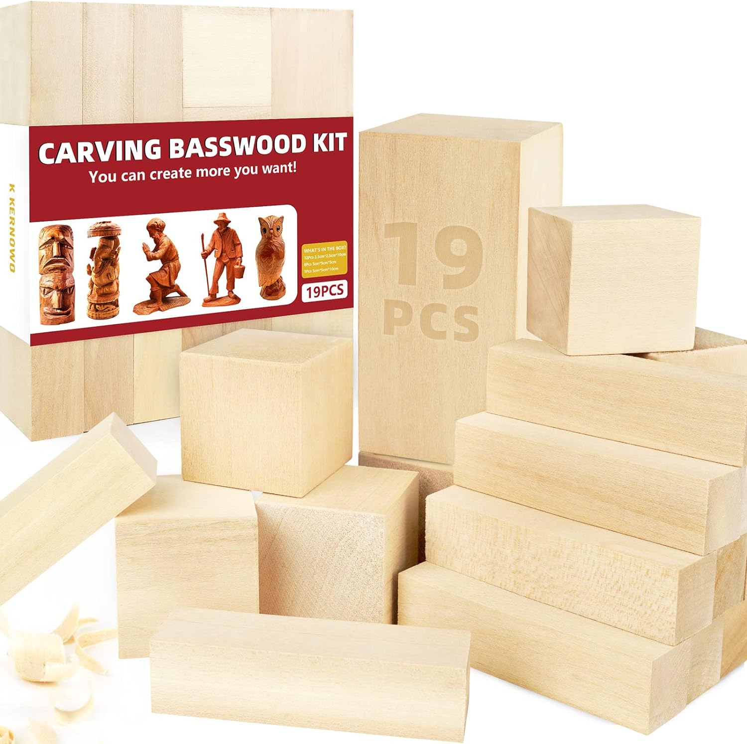 Basswood Carving Blocks, 19PCS Whittling Wood Blocks Wood Carving Kit with 3 Different Sizes, Bass Wood for Wood Carving Easy to Use, for Kids and Adults