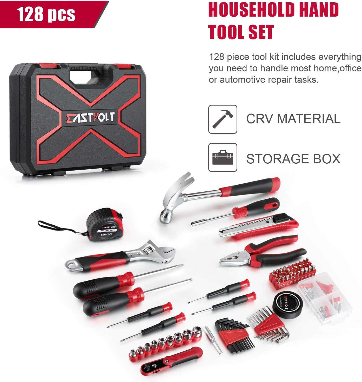 Eastvolt 128-Piece Home Repair Tool Set, Tool Sets for Homeowners, General Household Hand Tool Set with Storage Toolbox, EVHT12801, Black + Red (ASK01)