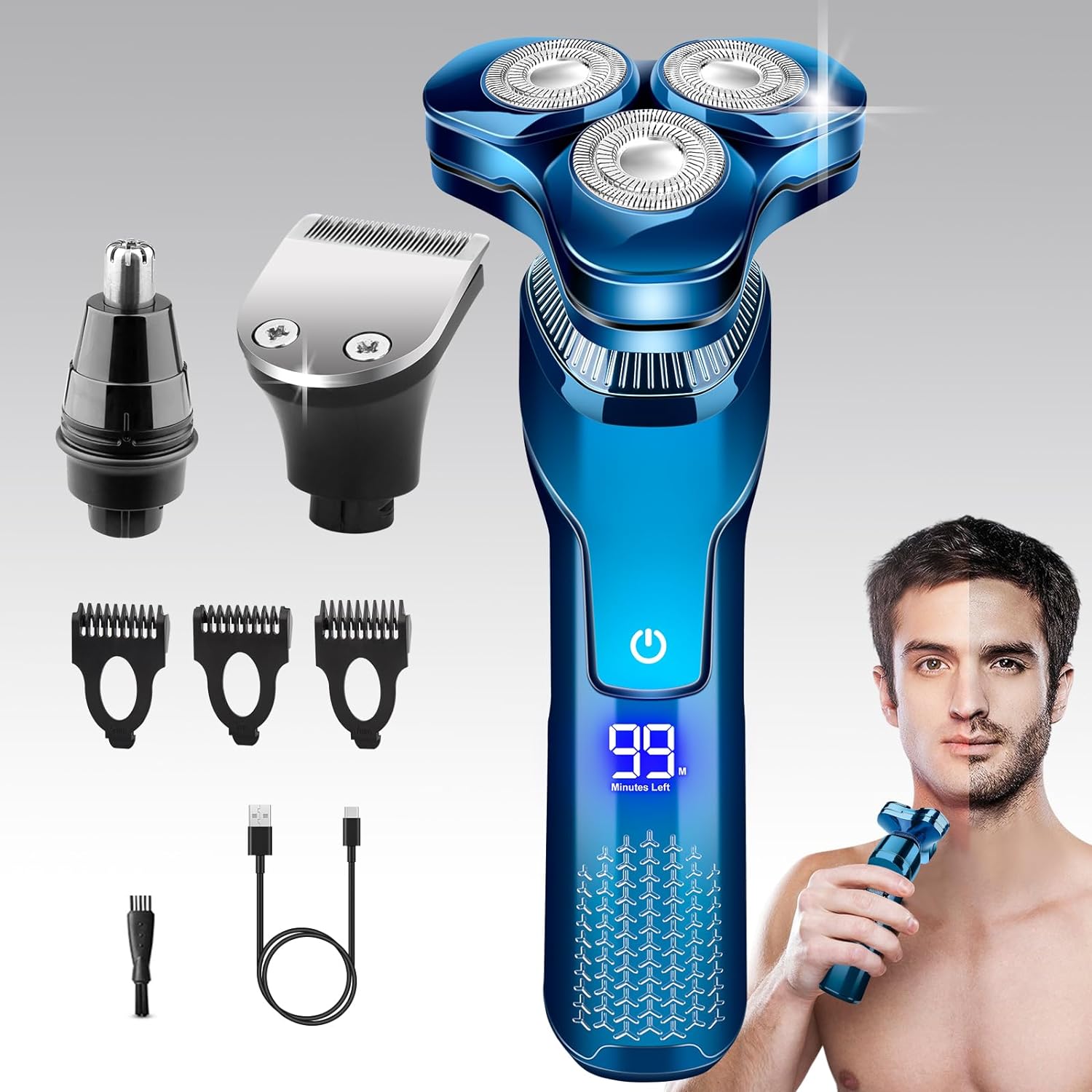 Electric Razor for Men, New Upgrade Men’s Electric Shavers Rotary LED Display/Waterproof/Rechargeable, Electric Shaver for Men Cordless Floating Head Replaceable Blades, Portable Razor Mens Idea Gift