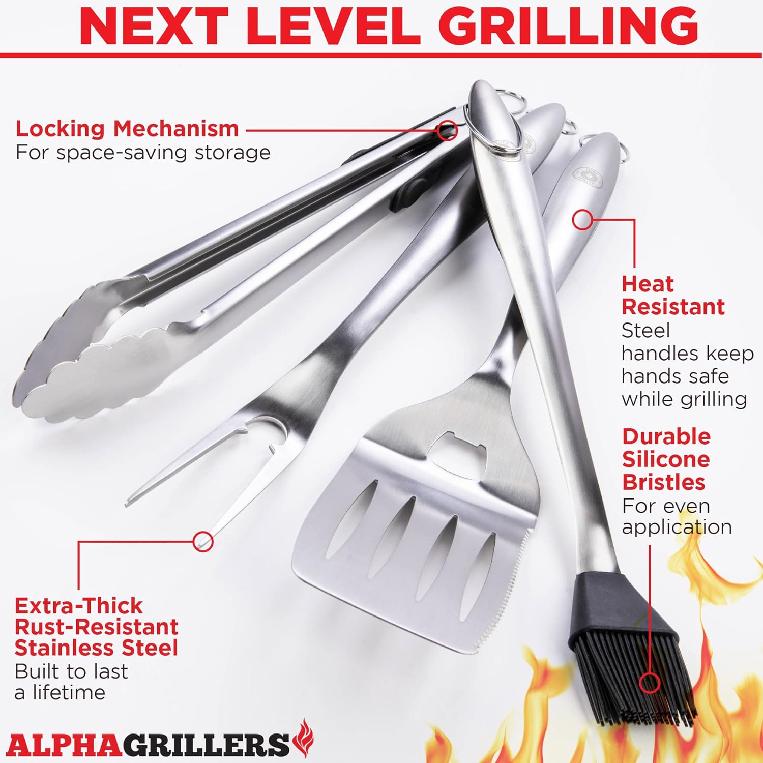 Alpha Grillers Grill Set Heavy Duty BBQ Accessories - BBQ Gifts Tool Set 4pc Grill Accessories with Spatula, Fork, Brush & BBQ Tongs - Grilling Cooking Gifts for Men Dad Durable, Stainless Steel