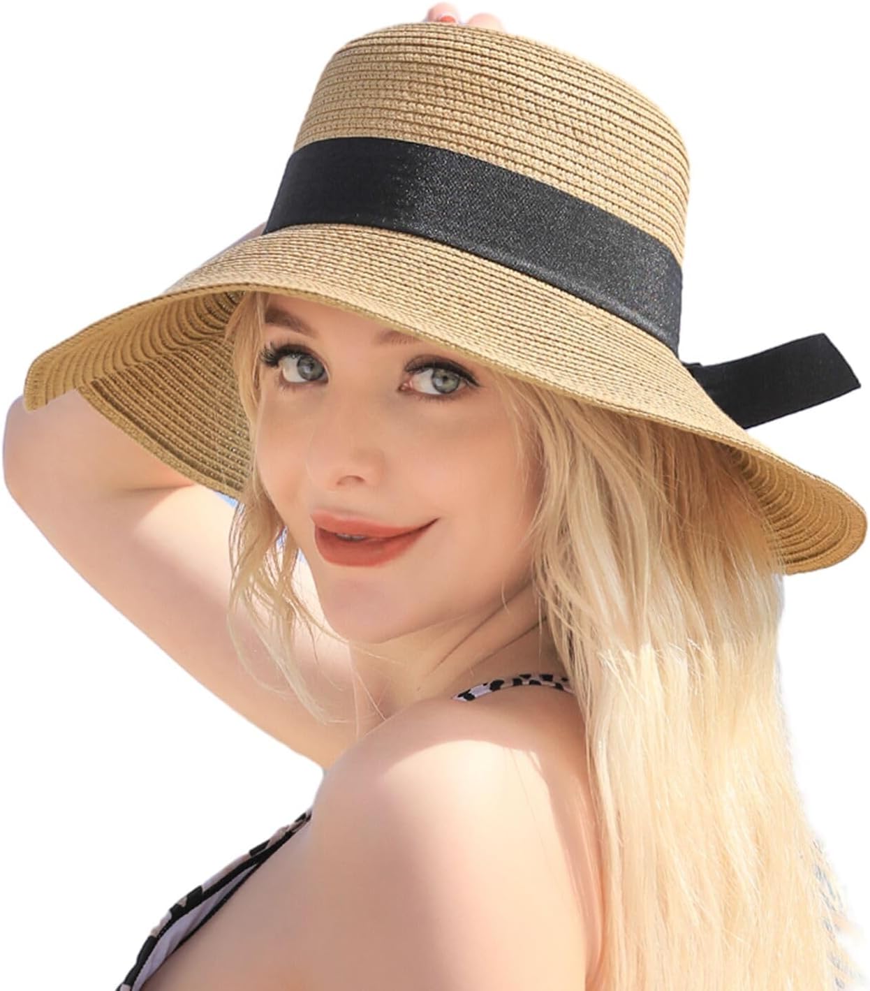 Beach Hats for Women - Wide Brim Sun Straw Hat for Women, UPF 50+ UV Sun Protection Sun Hat Womens, Floppy Sun Hat Foldable Roll up Cap, Khaki