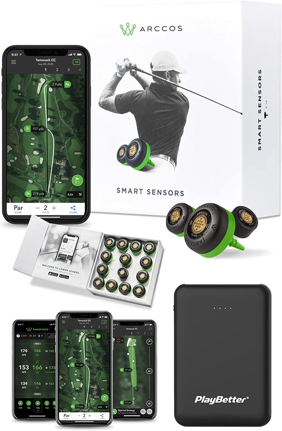 Arccos Caddie Smart Sensors 3rd Gen+ Power Bundle with PlayBetter Portable Charger - Set of 14 Golf Shot Tracker System - A.I. Powered Rangefinder - On Course Swing Analyzer for Every Club