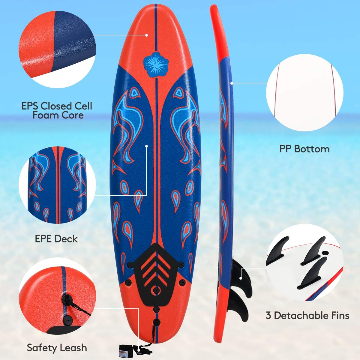 Giantex 6' Surfboard Surfing Surf Beach Ocean Body Foamier Board with Removable Fins, Great Beginner Board for Kids, Youth and Children