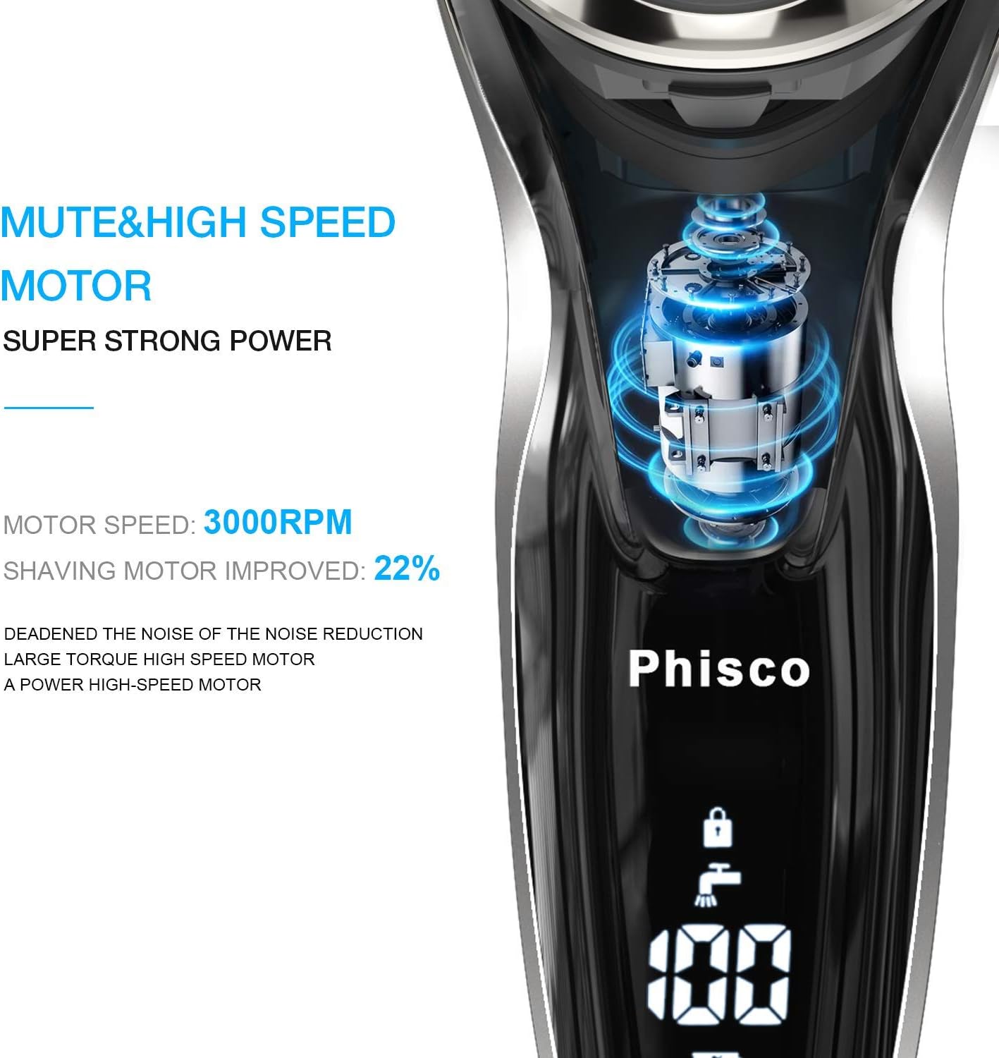 Phisco Men’s Electric Shaver: 3D Floating Heads, Dual Concave Blade Net, Auto-Grinding Blades, 9000RPM Motor for Wet/Dry Shave, IPX7 Waterproof - for Men’s Close and Safe Shaving