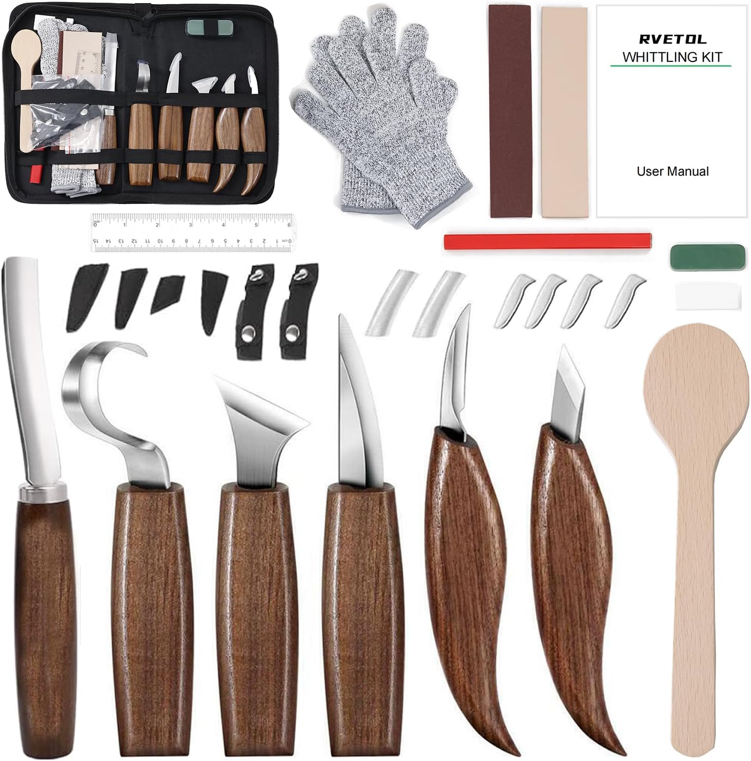 Wood Whittling Kit, Wood Carving Tools Set for Spoon Bowl Cup Woodwork, RVETOL Trimming Knife, Detail Whittling and Hook Carving Knife, with Zipper Bag Gift for Adult Pro & Beginner