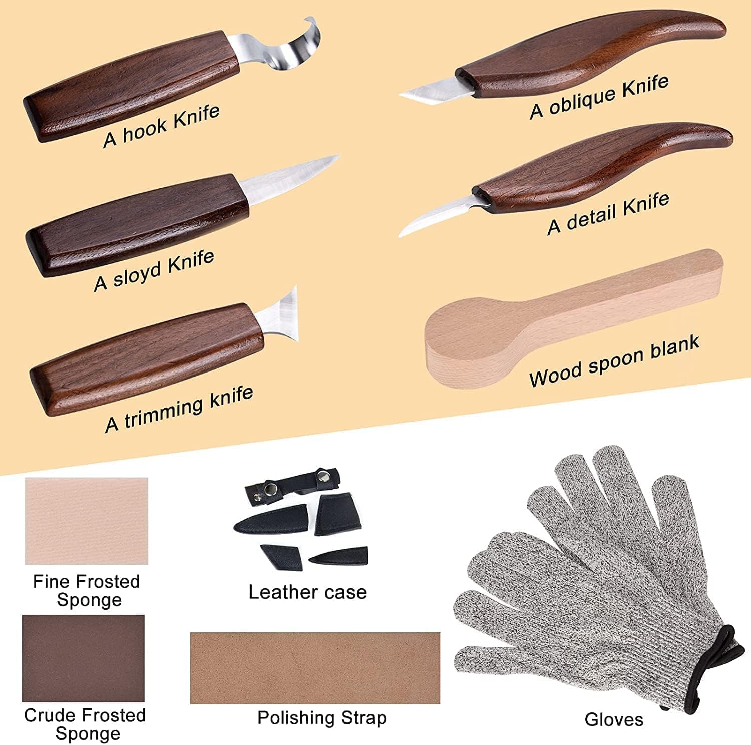 Ninonly Wood Carving Tools 13pcs Wood Carving Kits - Includes Hook Carving Knife Detail Wood Knife Whittling Knife Oblique Knife Trimming Knife Chip Carving Knife for Beginners Spoon Bowl Woodworking