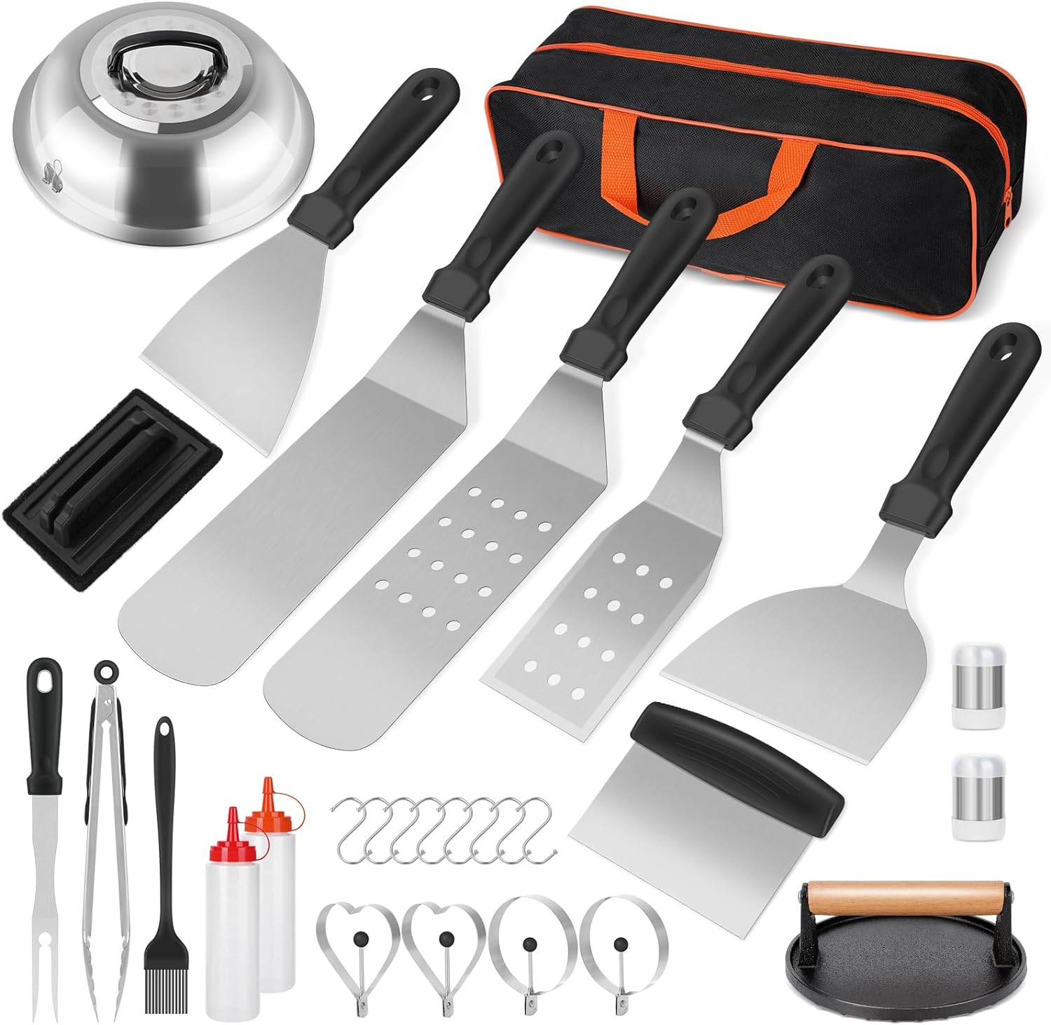 Griddle Accessories Kit, 29 PCS Flat Top Grill Accessories Set for Blackstone and Camp Chef, Metal Grill Spatula Set with Basting Cover, Burger Press, Tongs, Carry Bag for Outdoor Grilling BBQ