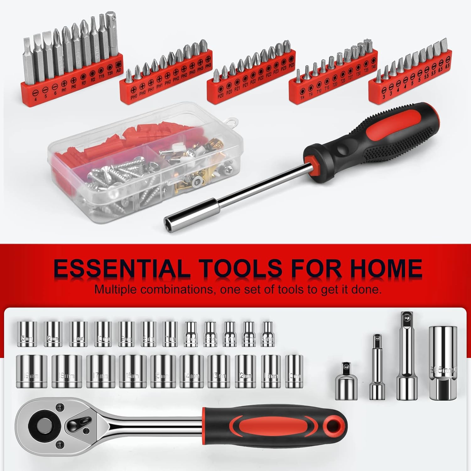 Home Tool Kit 287PCs - Complete Repair General Hand Tool Set for Men Women - Household Tool Kit for Home Improvement with Hammer & Pliers Set & Ratchet Wrench & Socket & Protable Tool Box Case