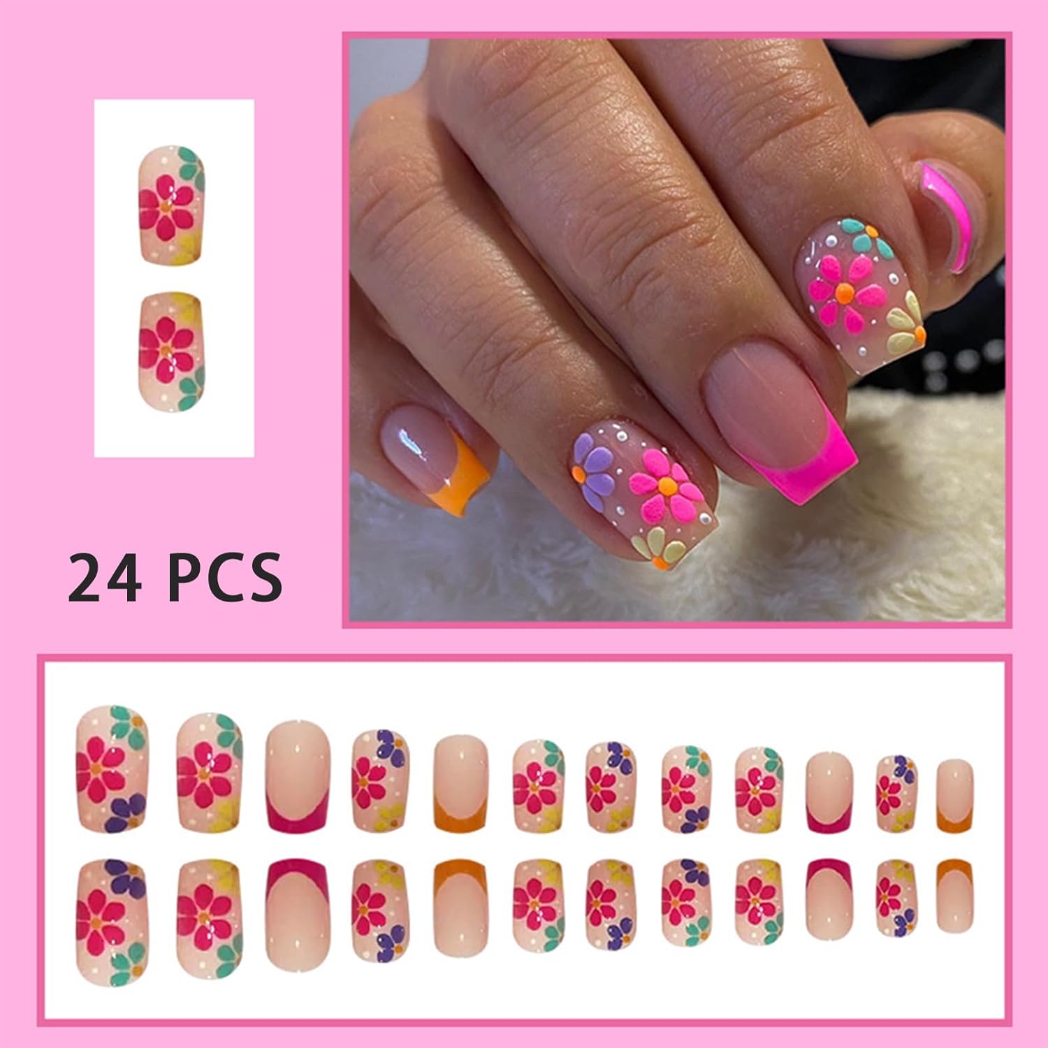 24PCS Flower Press on Nails Short Square Pink Fake Nails Spring Summer Colorful Daisy Designs Full Cover Rose Red French Tip False Nail Acrylic Nails Glue on Nails for Women Girls Nail Decorations