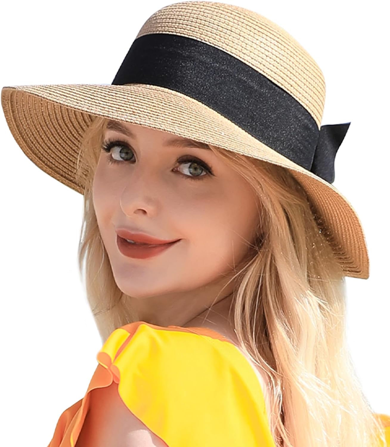 Beach Sun Hats for Women, Straw Hat for Women UPF 50+ UV Sun Protection Summer Hat Foldable Roll up Cap