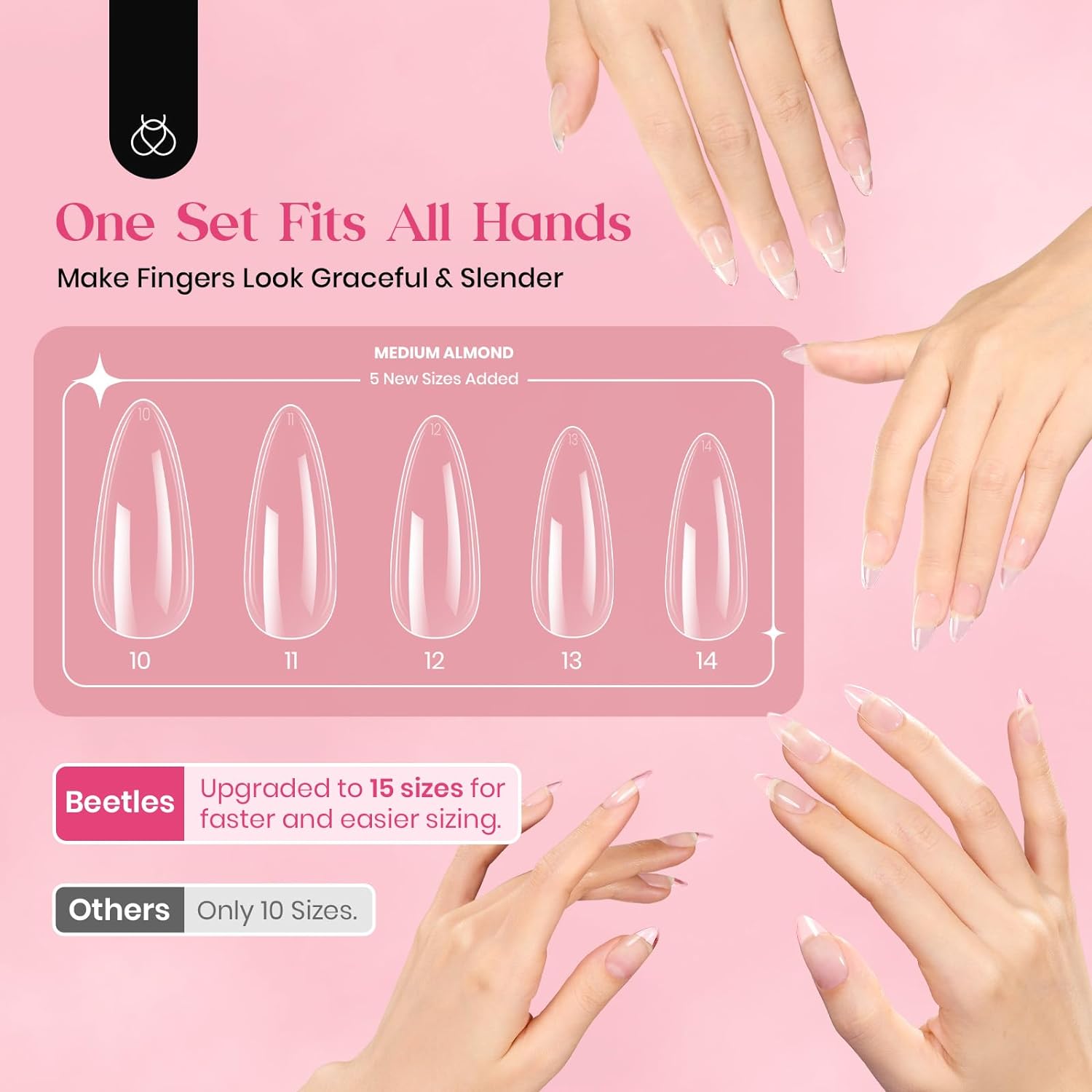 Beetles Gel Nail Tips Medium Almond Easy Nail Extension Nail Tips,15 Sizes 630Pcs Full Cover Clear Soft Nail Tips Acrylic False Nails for Summer Gel Nail Polish Diy Nails Gifts for Women