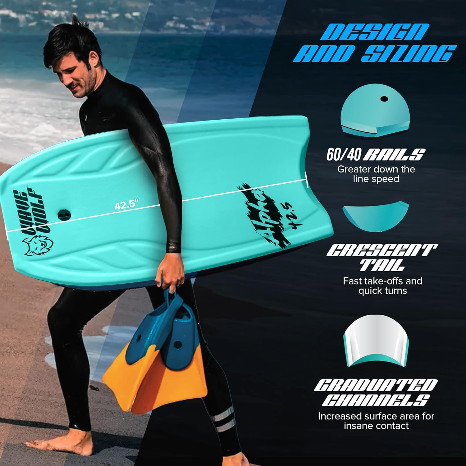 42.5" Alpha Series Hardslick Pro Body Board - Lightweight EPS Core Body Boards with Wrist Leash, Boogie Boards for Beach Kids, Bodyboard for Surfing Kids and Adults Boogie Board