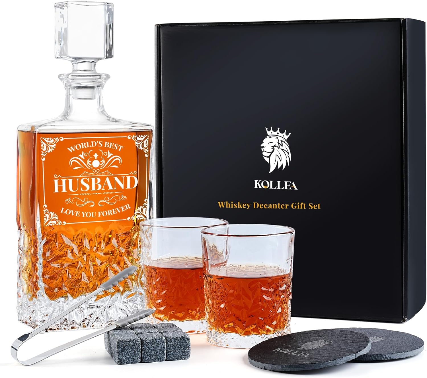 Kollea Birthday Gifts for Husband from Wife, Whiskey Decanter Set with Glasses & Whiskey Stones, Personalized Romantic Anniversary Weeding Stuff Presents for Men Him, for Whiskey Bourbon Liquor Vodka