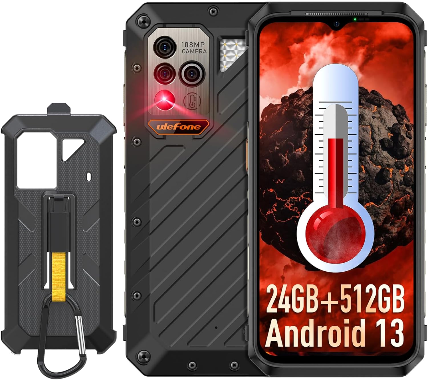 Ulefone Power Armor 18 Ultra & Case 5G Rugged Phone, Temperature Measurement 108MP Main Camera, 24GB+512GB MTK Dimensity 7050, 9600mAh, QI 15W Wireless Charging, 6.58" FHD+ Corning Gorilla Screen