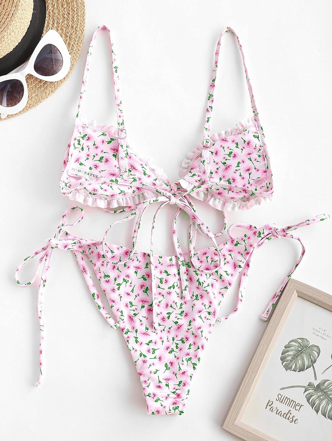 ZAFUL Women's Ditsy Floral Printed Swimsuit Underwired Knotted String Triangle Bikini High Cut Cheeky Bikini Set