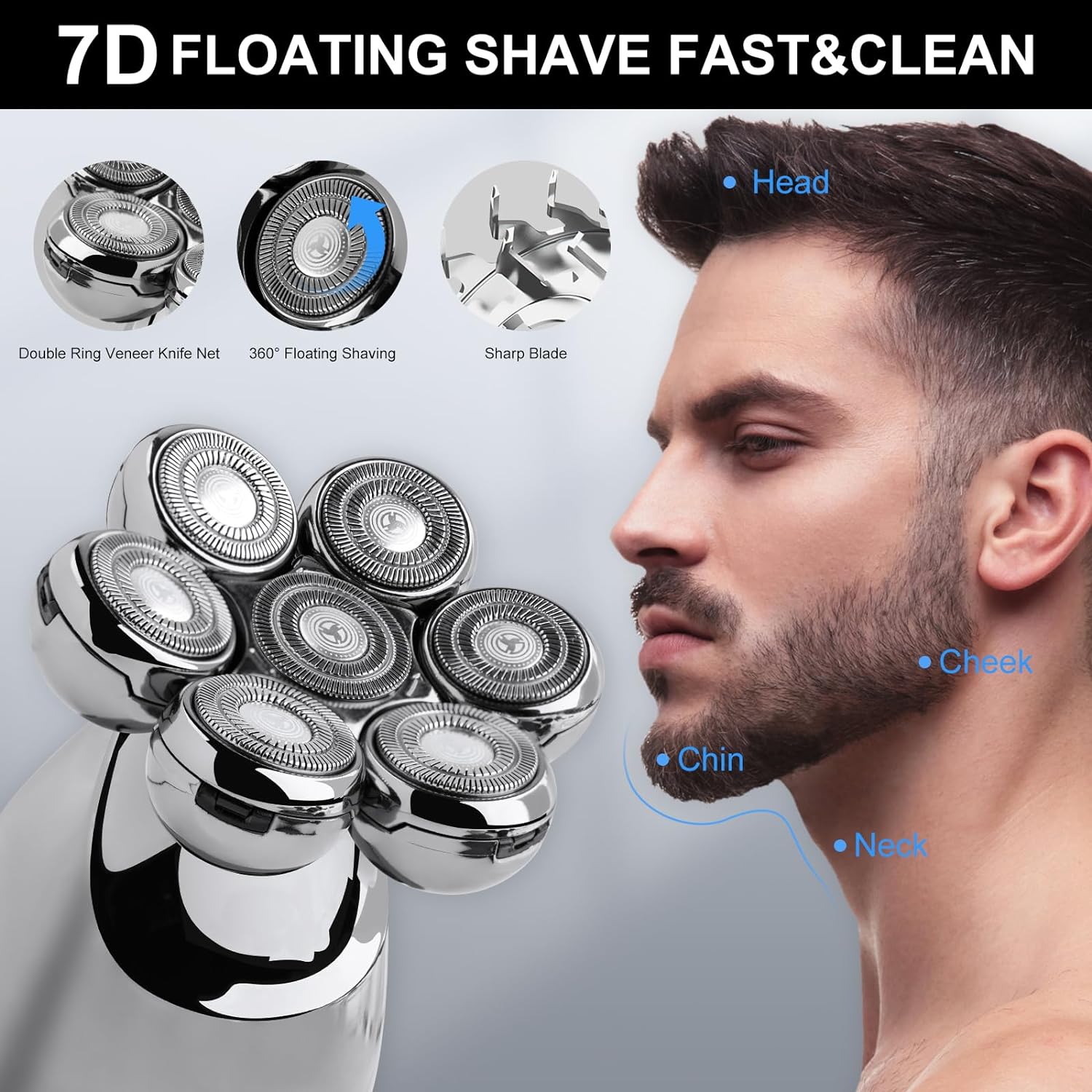 Hotodeal Head Shaver for Bald Men,5 in 1 Anti-Pinch Bald Head Shavers for Men,Detachable 7D Head Shaver Dry/Wet Bald Head Shavers for Men,Mens Electric Shaver with Nose Hair Sideburns Trimmer