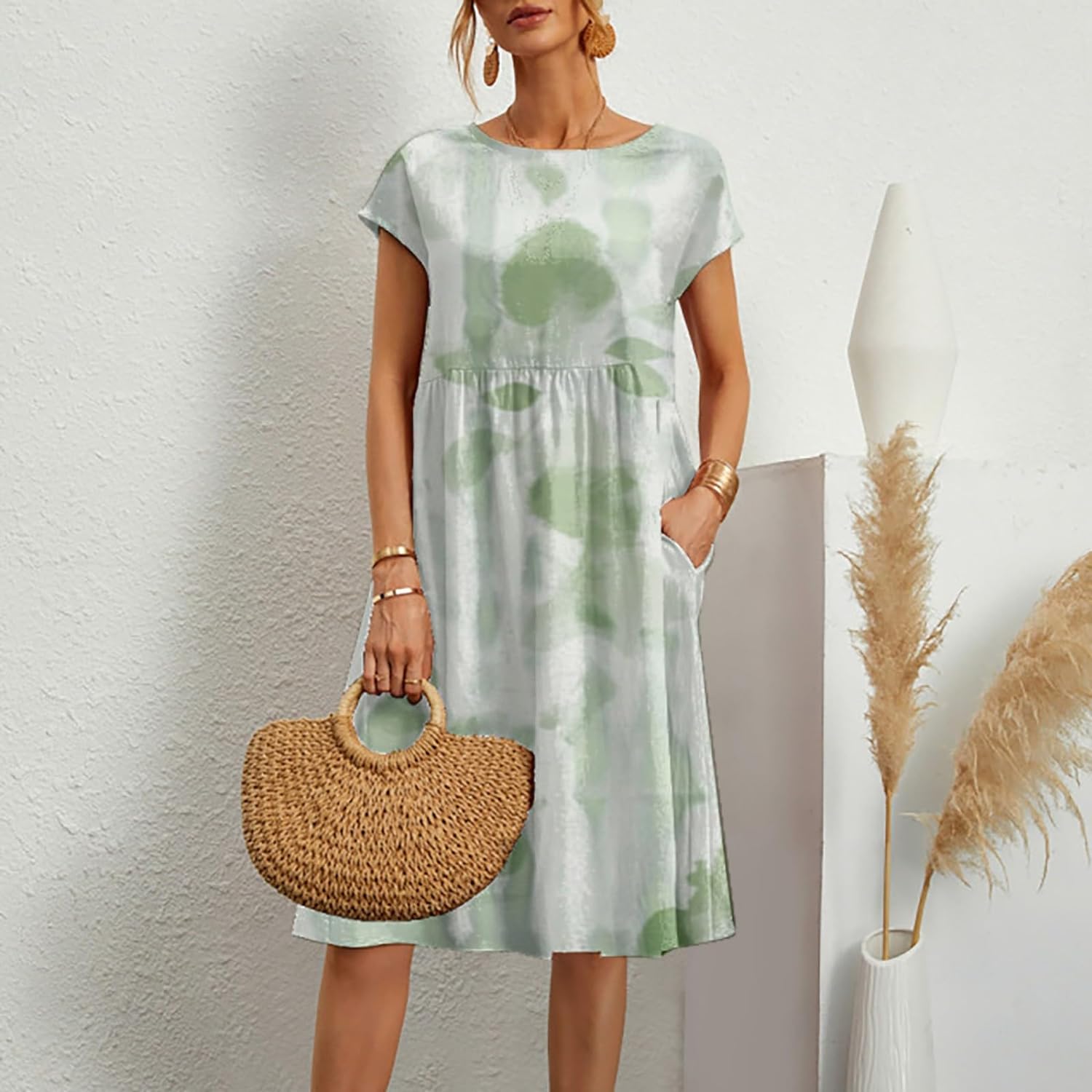 Women's Summer Midi Dresses Casual Cap Sleeve Crewneck A Line Swing Flowy Beach Sundress with Pockets T Shirts dress