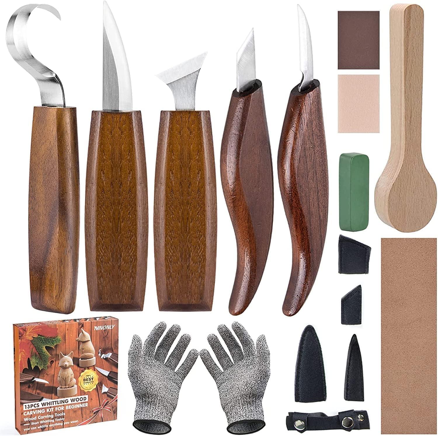 Ninonly Wood Carving Tools 13pcs Wood Carving Kits - Includes Hook Carving Knife Detail Wood Knife Whittling Knife Oblique Knife Trimming Knife Chip Carving Knife for Beginners Spoon Bowl Woodworking