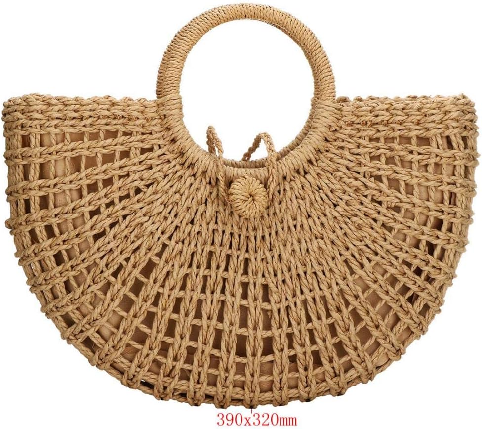 YYW Straw Bags for Women,Hand-woven Straw Top-handle Bag with Round Ring Handle Summer Beach Rattan Tote Handbag