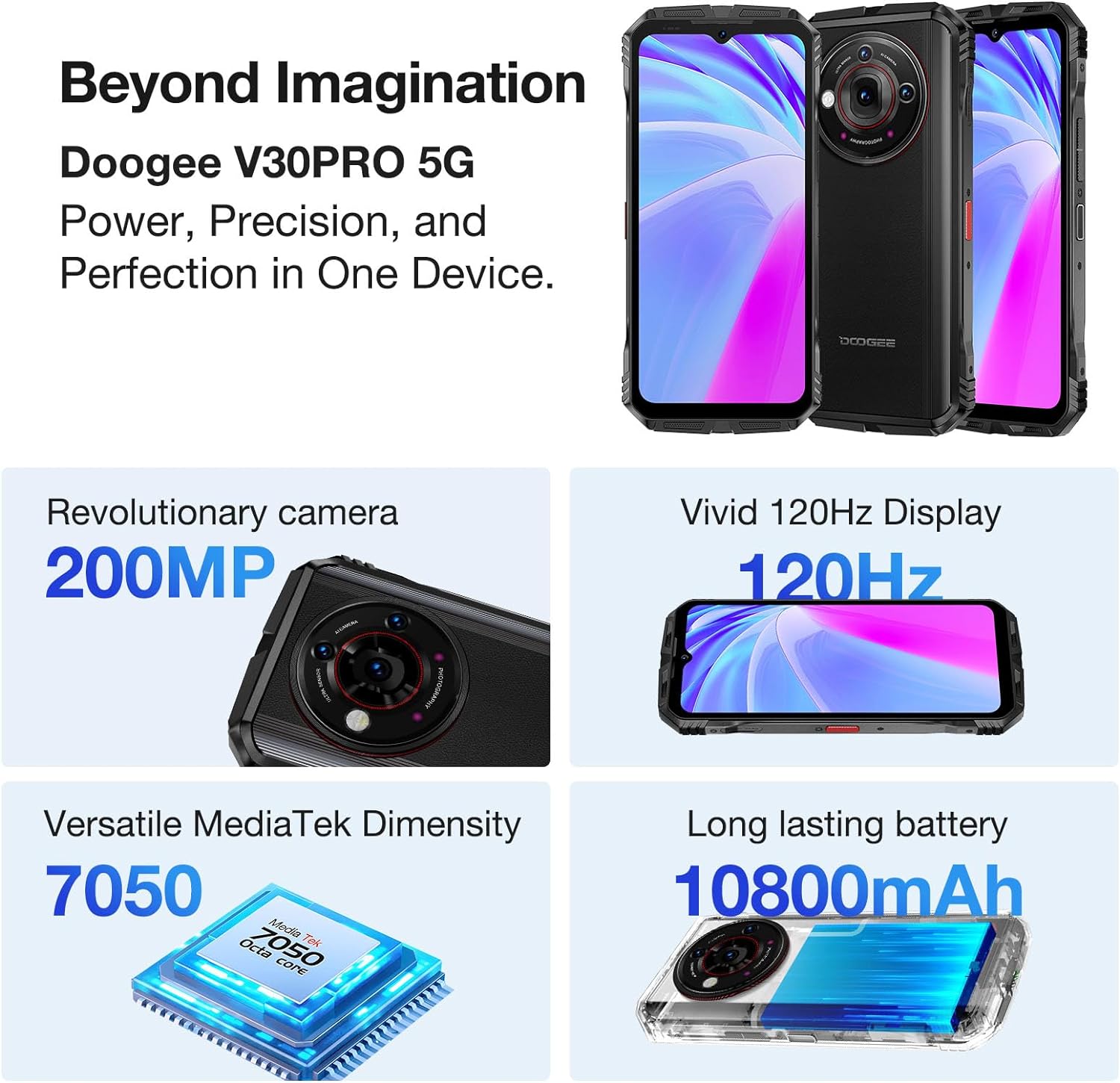 DOOGEE V30 PRO 5G Rugged Smartphone Unlocked, 32GB+512GB/2TB TF Dimensity 7050 Octa Core Waterproof Android 13 Mobile Phones, 10800mAh, 200MP Main Camera Dual Sim Cell Phone/WiFi6/OTG/NFC - Black