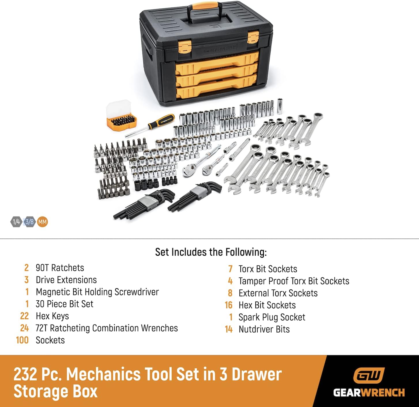 GEARWRENCH Mechanics Tool Set in 3 Drawer Storage Box, 232 Piece