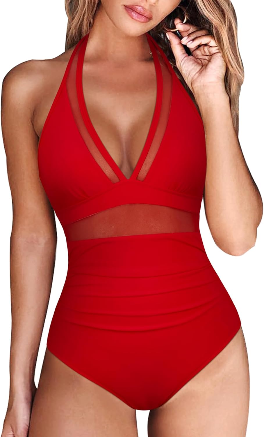 RXRXCOCO Women Sexy V Neck Mesh One Piece Bathing Suit Halter Push Up Tummy Control Swimsuit Swimwear