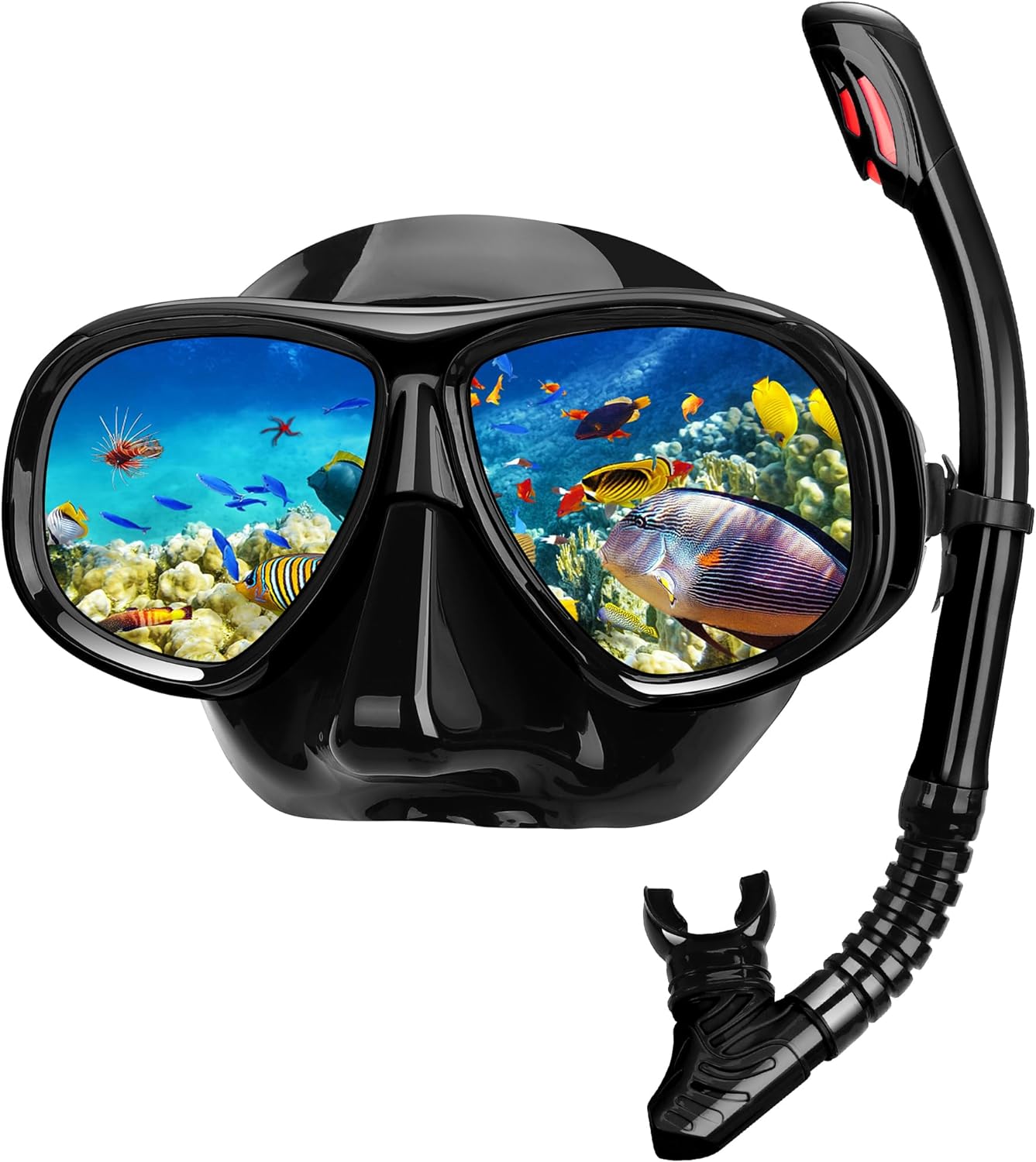 Snorkeling Gear for Adults, Snorkel Mask Adult Set Wide View Scuba Mask Anti-Leak and Anti-Fog Tempered Glass Lens Dry Top Mask Nose Cover for Youth