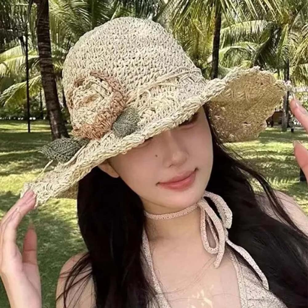 Elegant Crochet Straw Hat with Ruffle Detail, 2024 Summer New Womens Vintage Ruffle Bowknot Straw Hat, Uv Protection