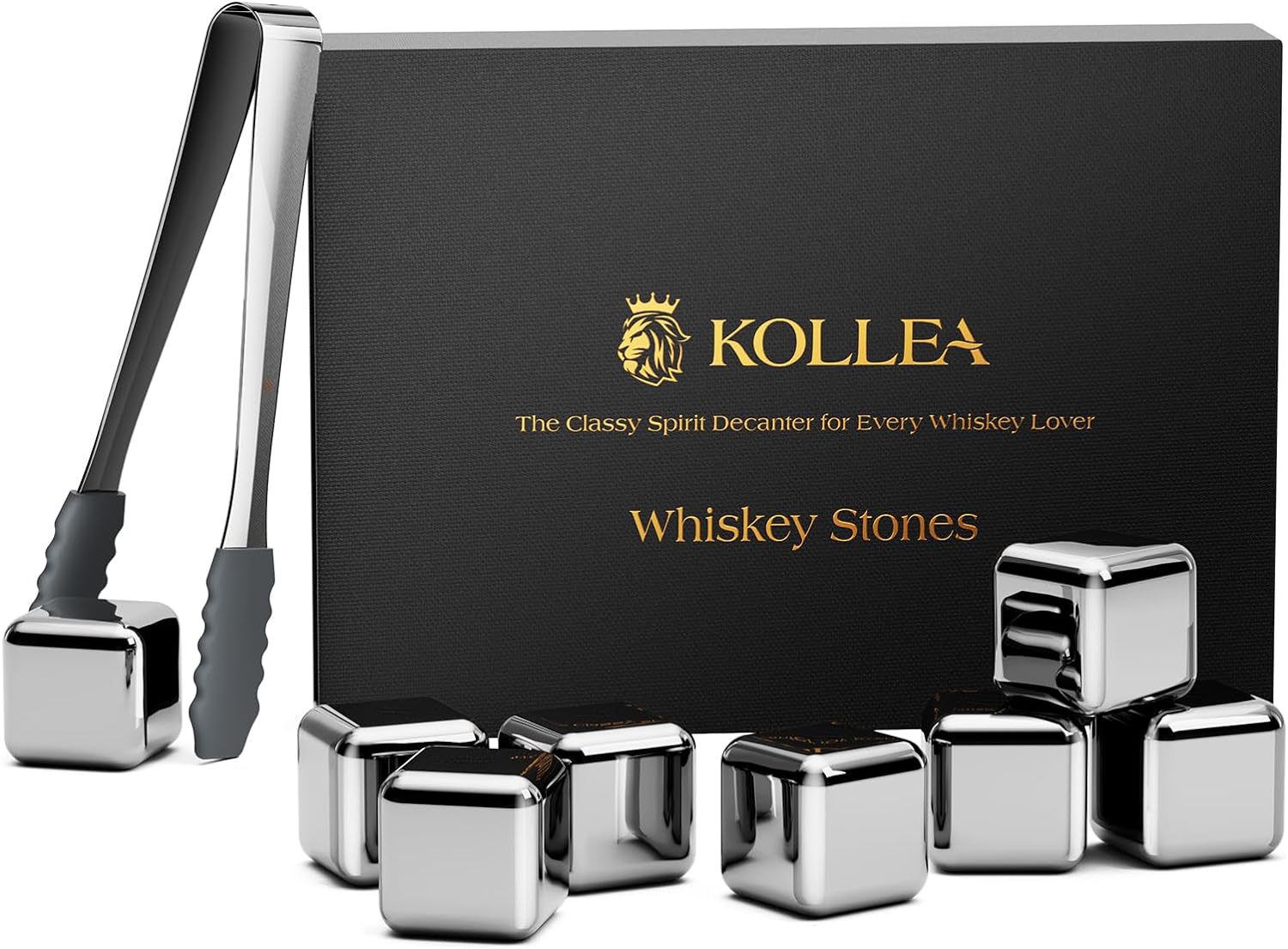 Kollea Whiskey Stones, 8 Packs Stainless Steel Whiskey Chilling Rocks, Reusable Ice Cube for Drinking, Fathers Day Birthday Gift for Men Whiskey Lovers, Bourbon, Cognac, Scotch, Gin, Beverage