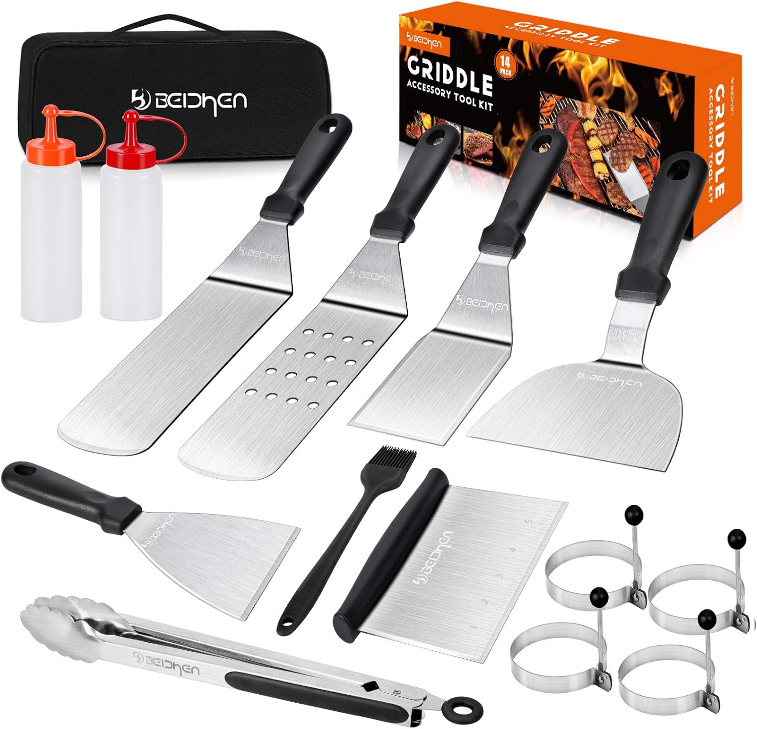 Beichen Griddle Accessories Kit, 14 Pcs Stainless Steel Griddle Grill Tools Set Blackstone and Camp Chef, Professional Grill Spatula Set for Men Women Outdoor BBQ and Camping