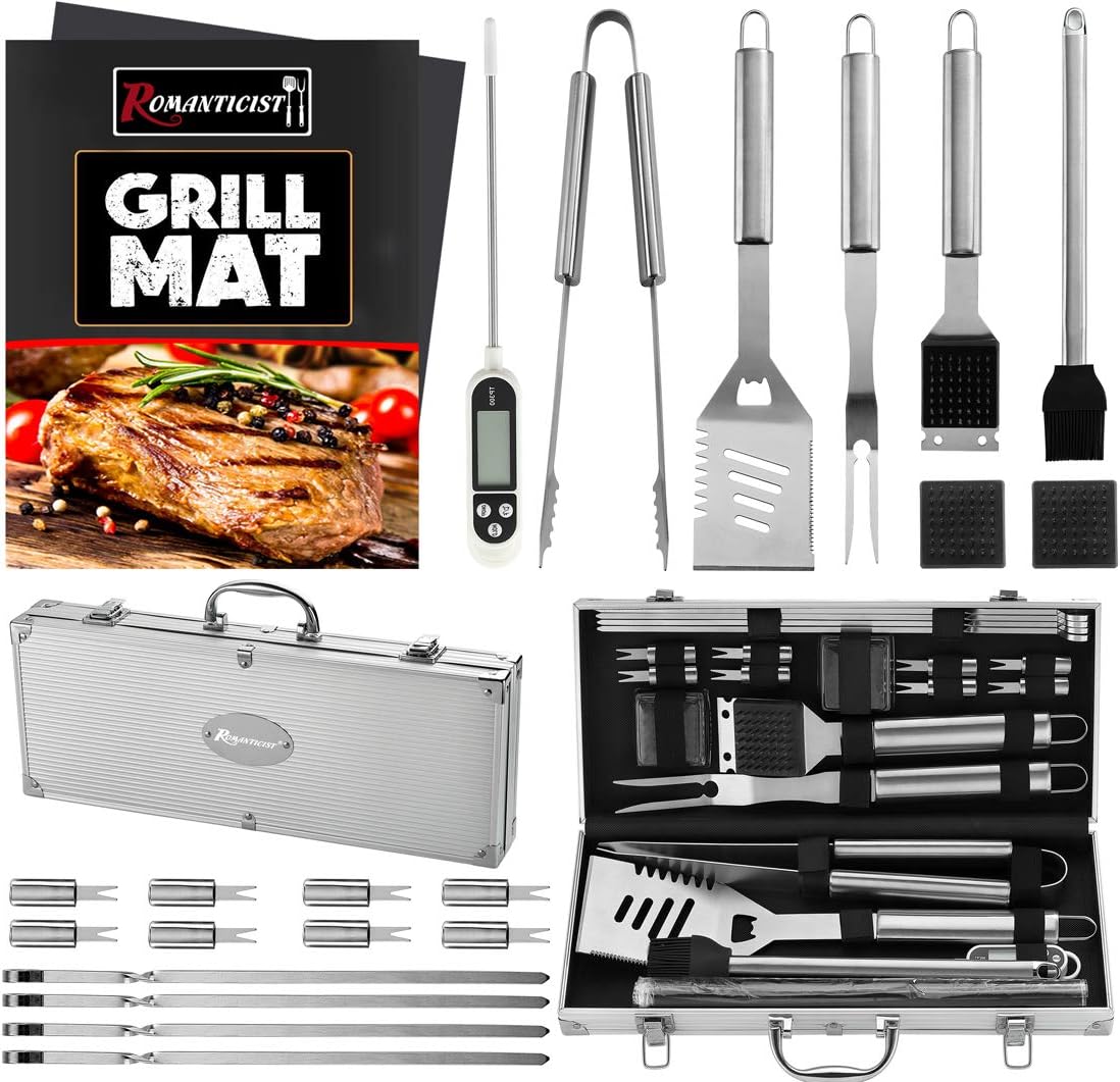 ROMANTICIST 23pc Must-Have BBQ Grill Accessories Set with Thermometer in Case - Stainless Steel Barbecue Tool Set with 2 Grill Mats for Backyard Outdoor Camping - Father's Day Best Barbecue Gift