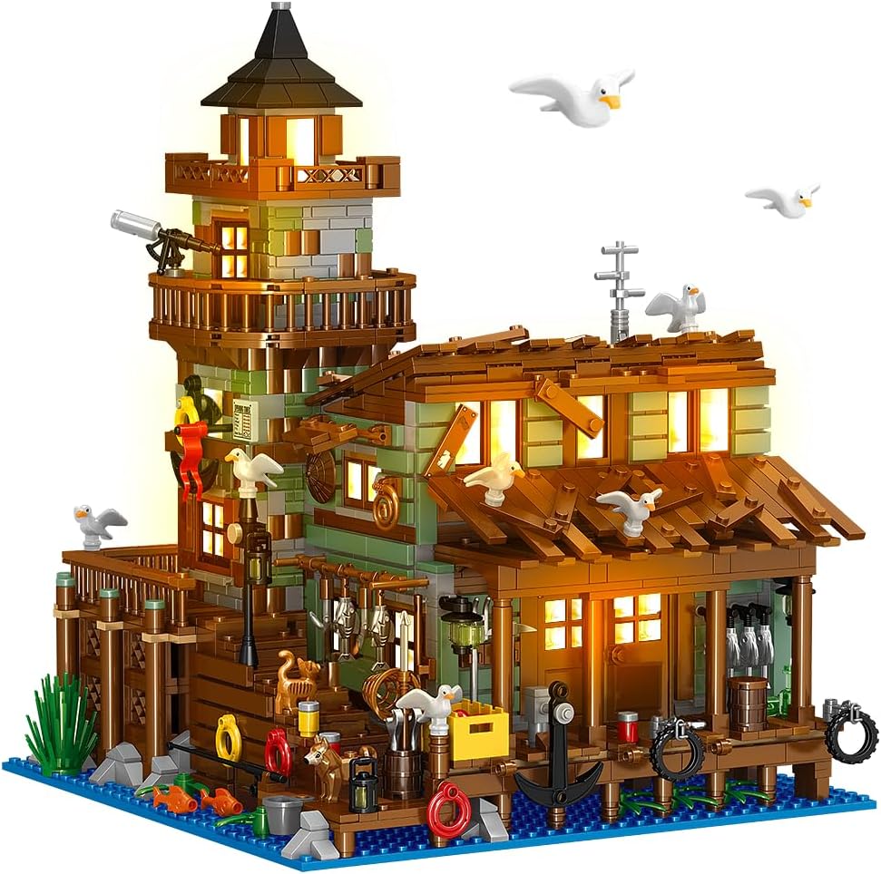 Fishing Village Store House Building Set with LED Light, 1845PCS Wood Cabin Mini Building Block Architecture Kit for Adults Boys Girls Ages 8+