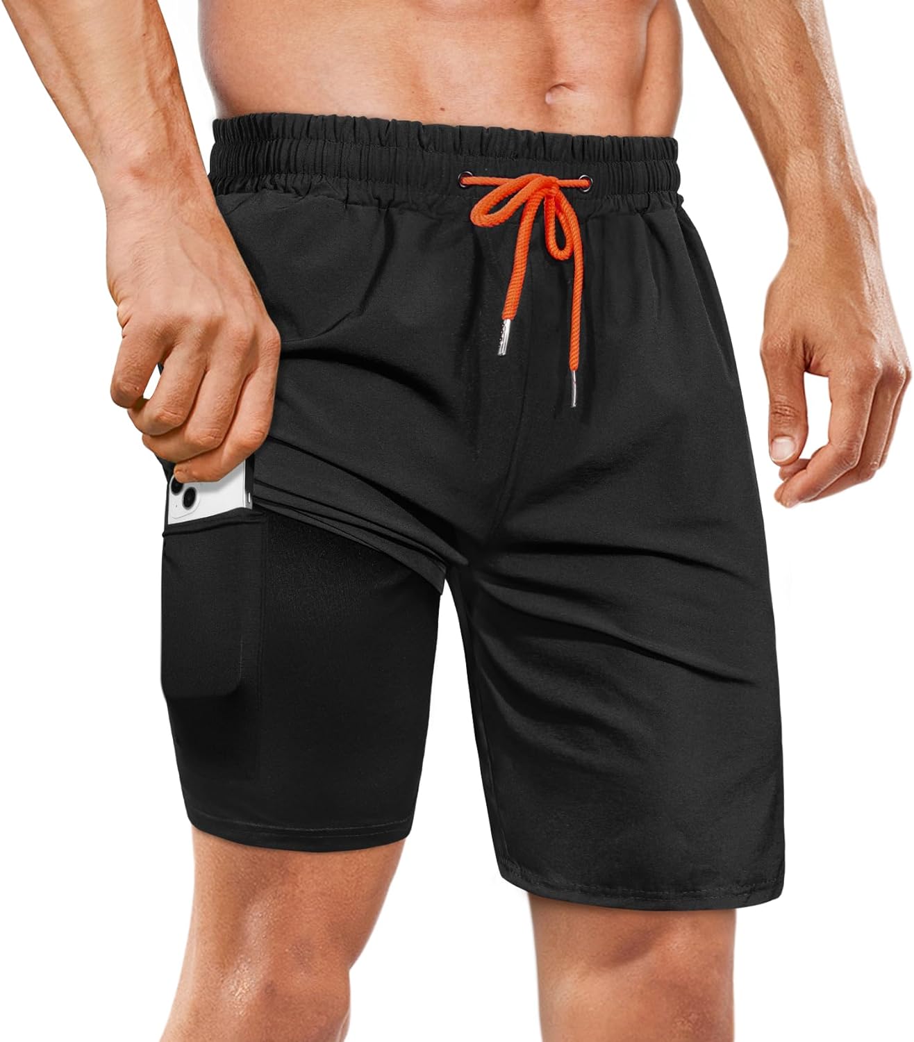 Mens Swim Trunks with Compression Liner Quick Dry Swimsuit 7 inch Inseam Swimming Shorts with Zipper Pockets