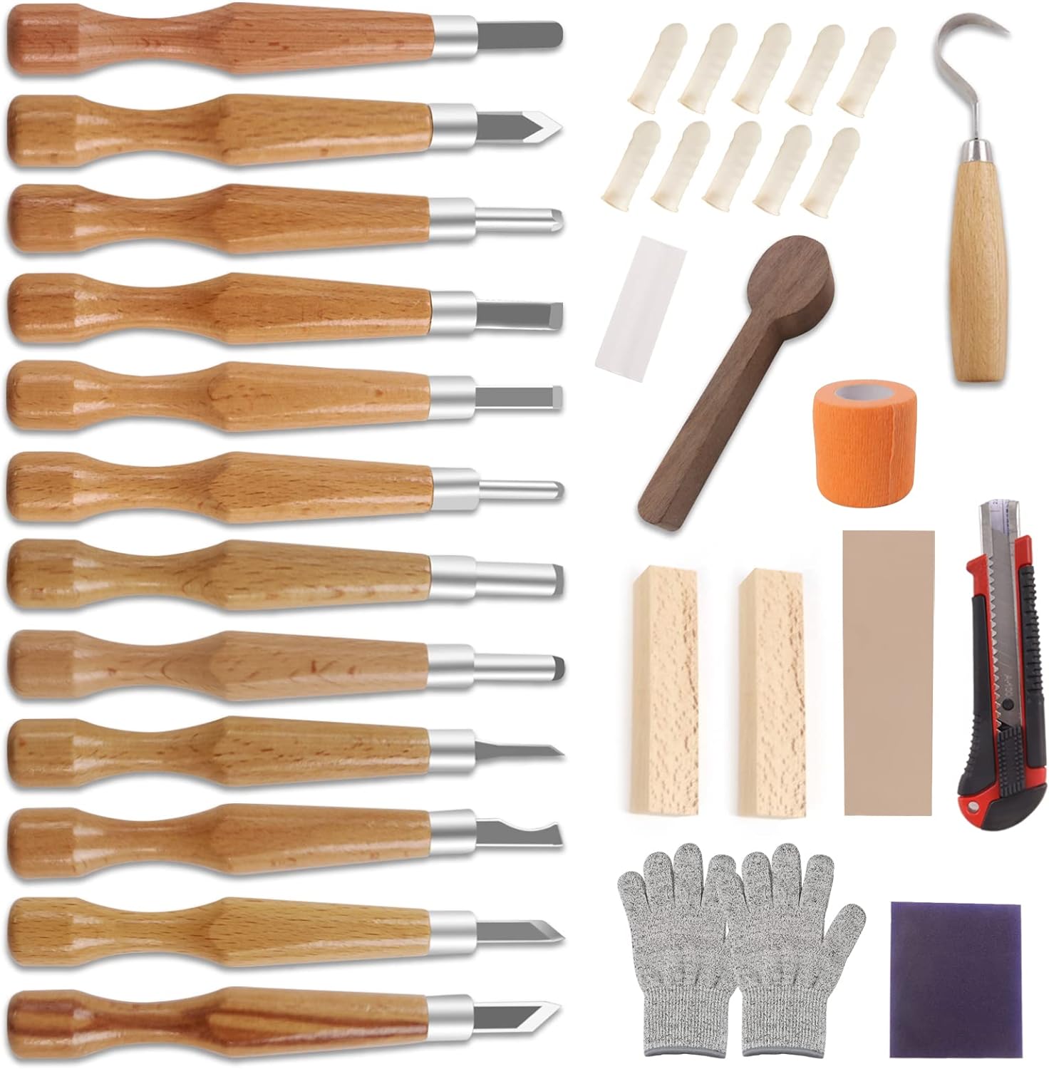 Wood Carving Kit, Wood Carving Knife Set with 33 PCS, Whittling Knife, wood whittling kit for Beginners Adults and Kids, Wood Carving Knives with Basswood Wood Blocks for DIY Making Spoon, Cup, Bowl