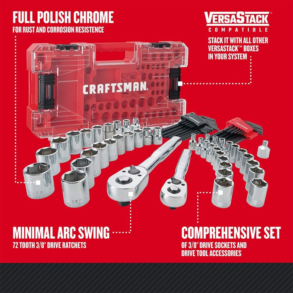 CRAFTSMAN VERSASTACK Mechanic Tool Set, 71-Piece, 1/4-in and 3/8-in Drive, SAE and Metric, Ratchets, Sockets, Hex Keys, Adaptor and More, Polish Chrome Finish (CMMT45071)