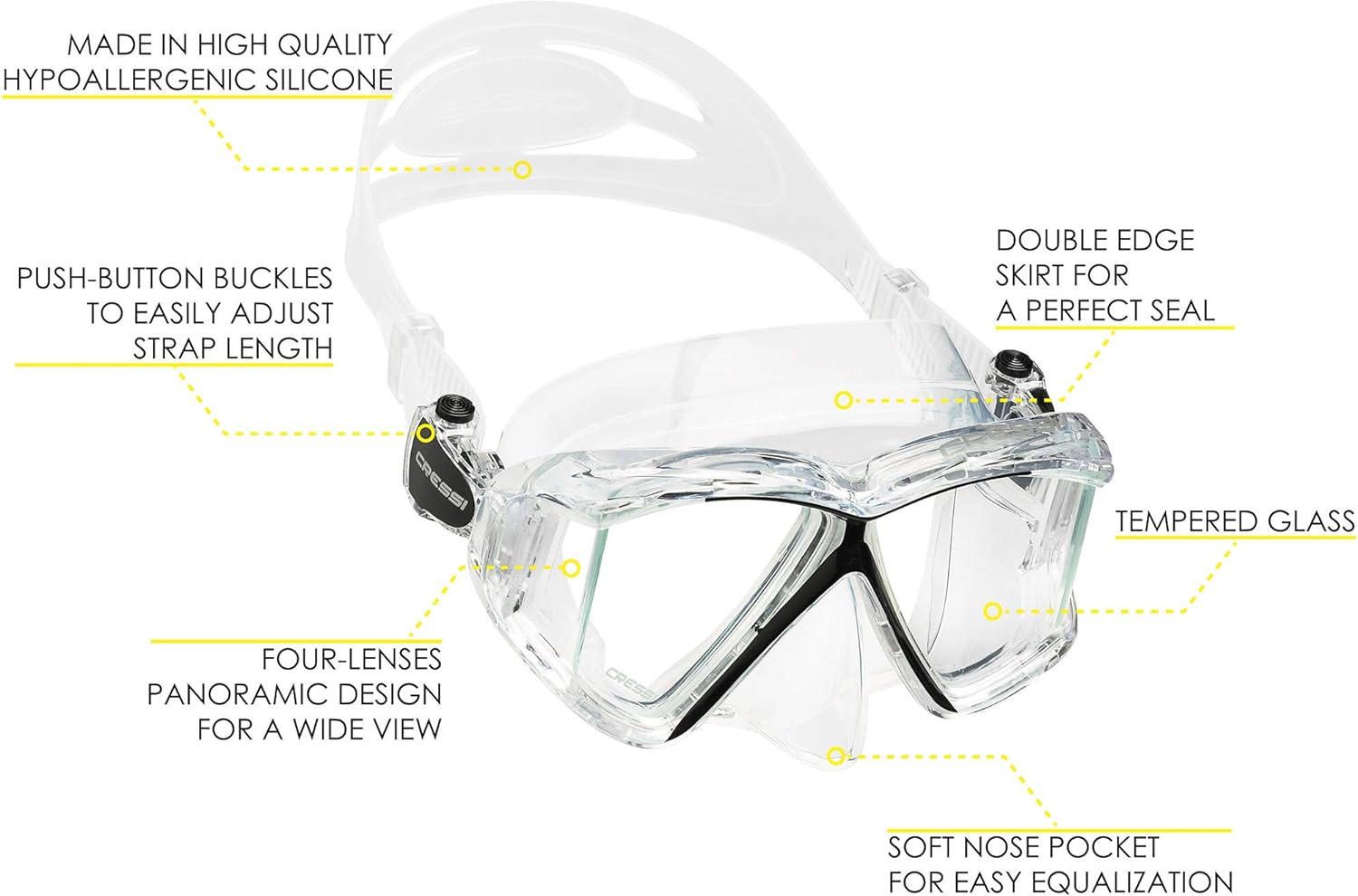 Cressi Panoramic Wide View Mask & Dry Snorkel Kit for Snorkeling, Scuba Diving - Pano 4 & Supernova Dry: Designed in Italy