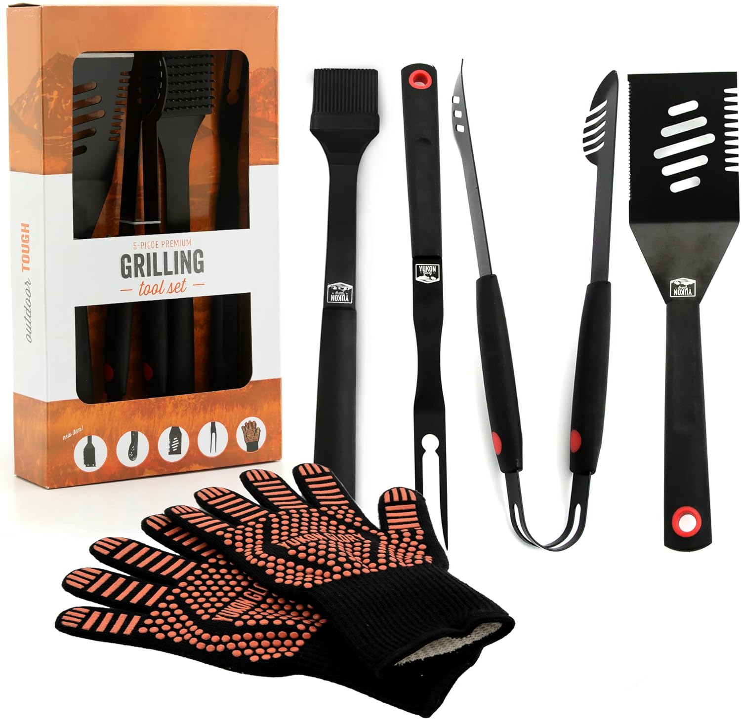 Yukon Glory™ Heavy Duty 5 Piece Grilling Tools Set, Durable Stainless Steel BBQ Accessories, Long Handle 3 in 1 Spatula, Tongs, Brush, Grill Fork, Thick Grilling Gloves, Gift Set