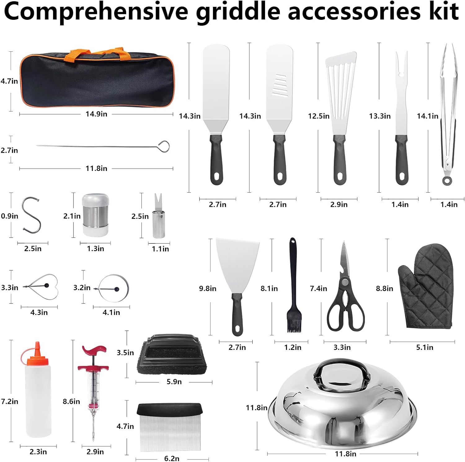 Flat Top Grill Accessories Set for Blackstone Griddle Accessories Kit, 45Pack Heavy Duty Stainless Steel Grilling Set with Enlarged Spatulas, Basting Cover, Scraper for Outdoor BBQ (Grill Set-A)