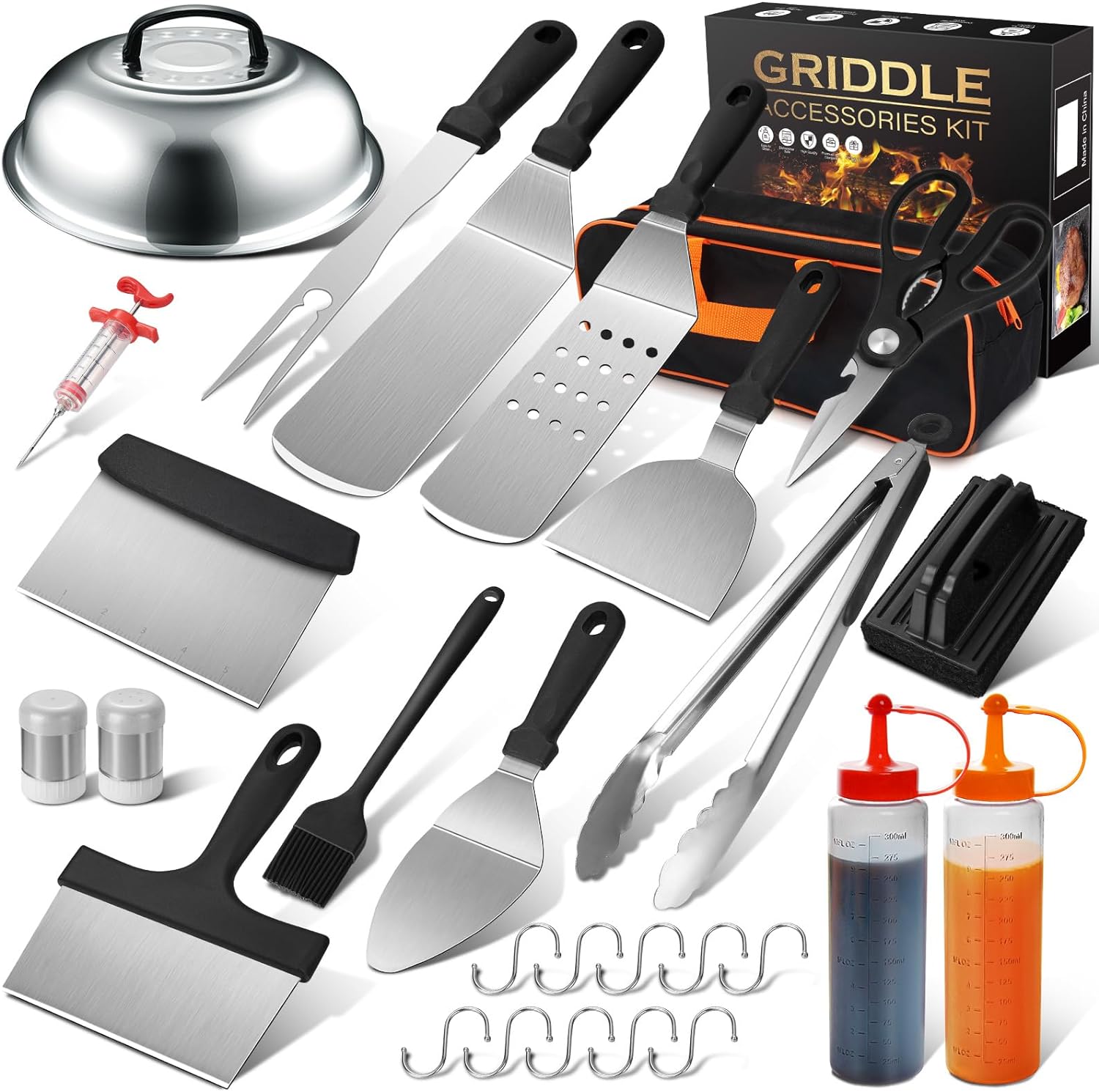 Griddle Accessories Kit, 29PCS Flat Top Grill Accessories Set for Blackstone and Camp Chef, Grill Spatula Set with Enlarged Spatulas, Basting Cover, Scraper, Tongs for Outdoor BBQ with Meat Injector