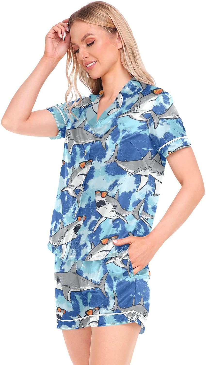 Womens Silk Satin Pajamas Set Sharks with Sunglasses Womens Short Sleeve Shorts Set 2 Piece Sleepwear Lounge Set S-XXL