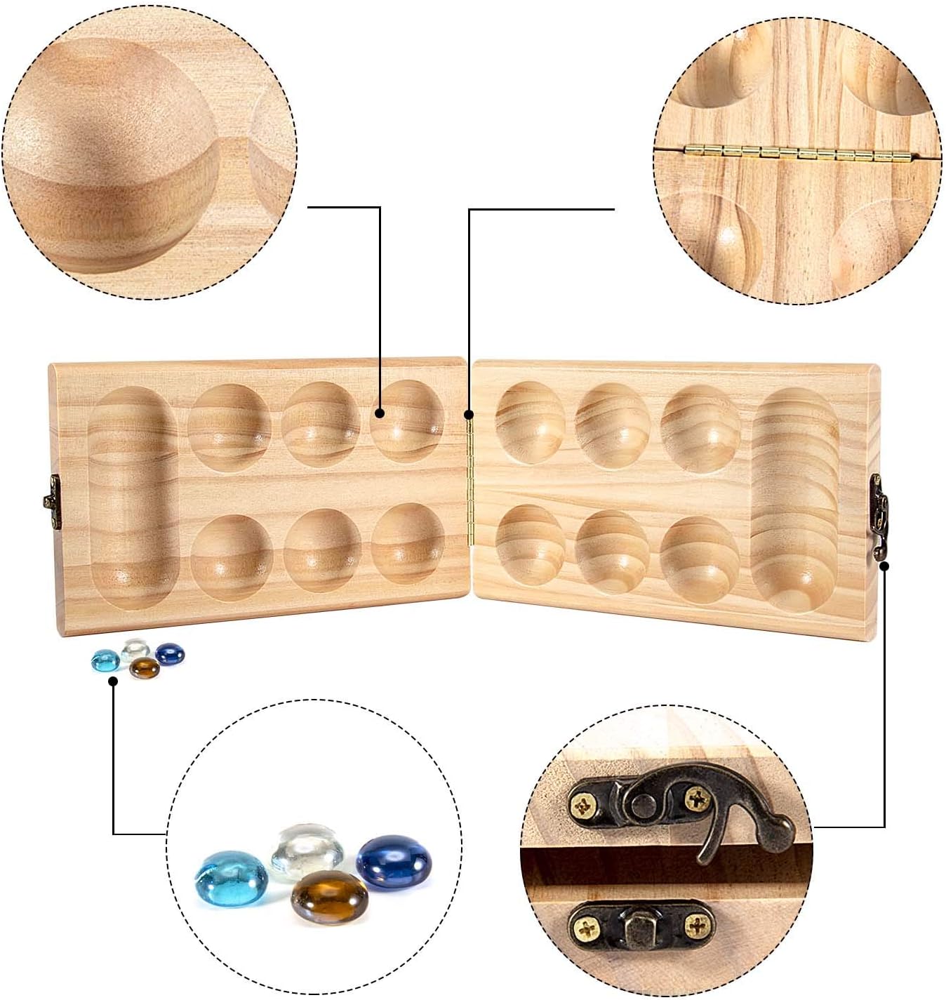 AMEROUS Wooden Mancala Board Game Set - Folding Board - 72+8 Bonus Multi Color Glass Stones - Gift Package - Mancale Instructions, Portable Travel Board Game for Kids and Adults