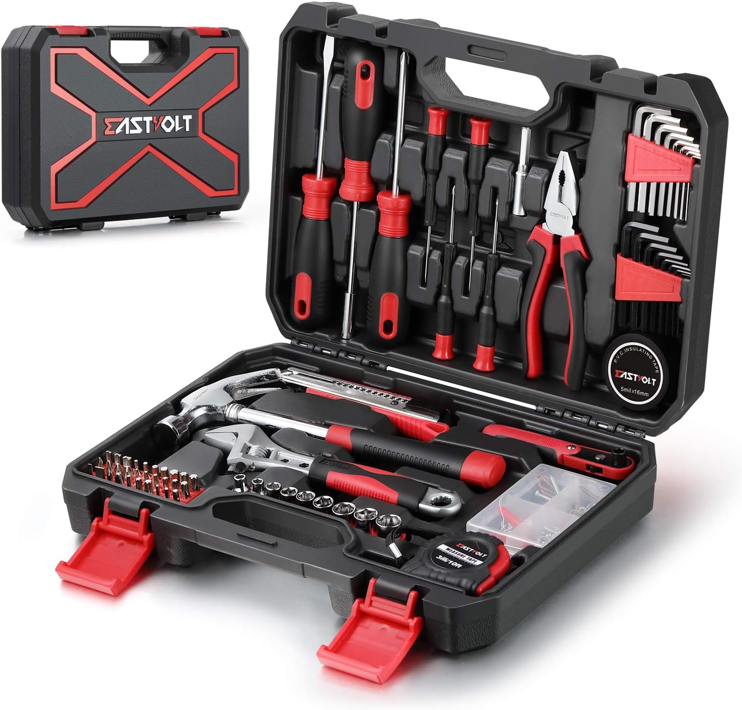 Eastvolt 128-Piece Home Repair Tool Set, Tool Sets for Homeowners, General Household Hand Tool Set with Storage Toolbox, EVHT12801, Black + Red (ASK01)