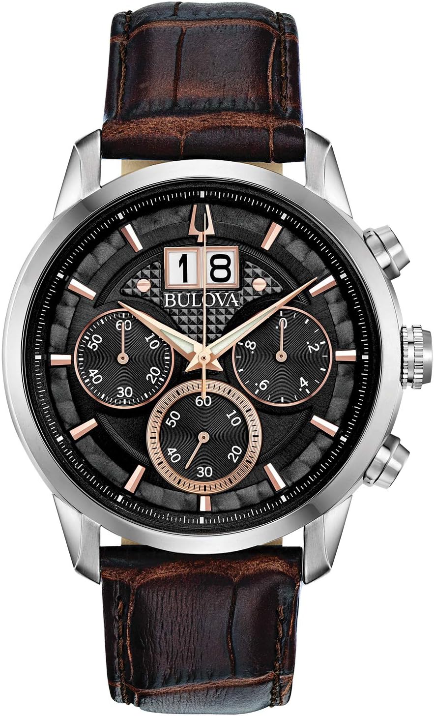 Bulova Men's Classic Sutton 6-Hand Chronograph Calendar Big Date Leather Strap Quartz Watch, Domed Mineral Crystal, 44mm