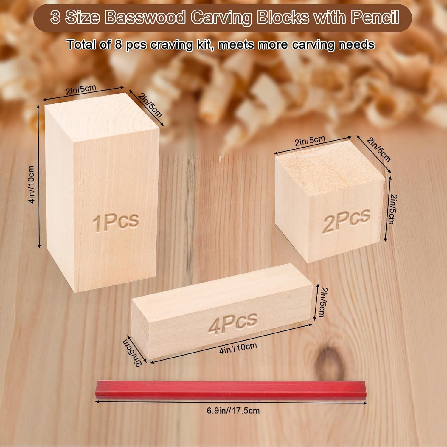 7+1 Pcs Basswood Carving Blocks with Pencil, Boyistar 3 Sizes Whittling Wood Blocks for Craft Carving Wooden Blocks, Small Carved Bass Wood Block Kit for Beginners, Sculpture Artist