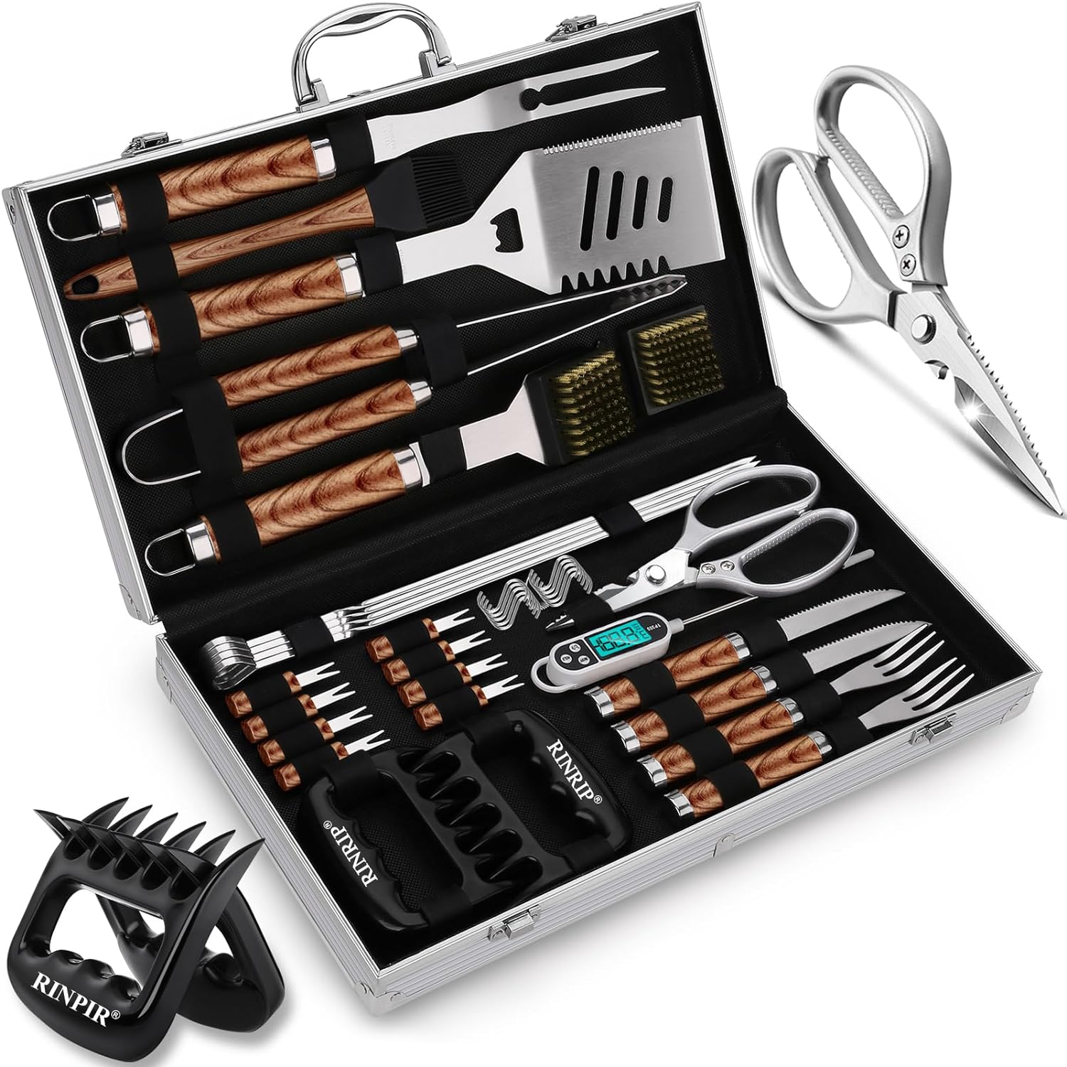 35pcs Deluxe Grilling Gifts Set for Birthday Christmas, Stainless Steel BBQ Accessories Kit for Men Dad, Professional Grill Tools Utensils with Scissors, Meat Claws in Aluminum Case Brown