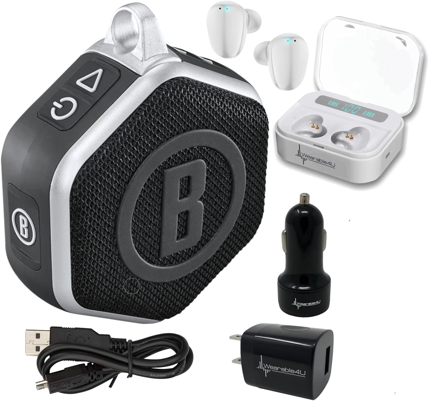 Bushnell Wingman Mini Black/Silver GPS Bluetooth Speaker with Wearable4U Ultimate White Earbuds and Wall/Car Chargers Bundle